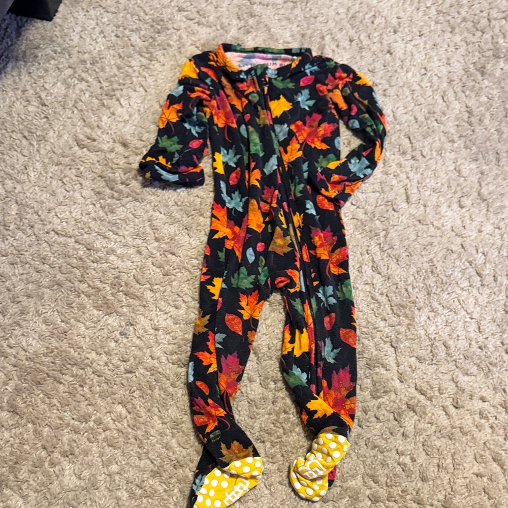 Children's Black Footed One-Piece with Colorful Autumn Leaf Print